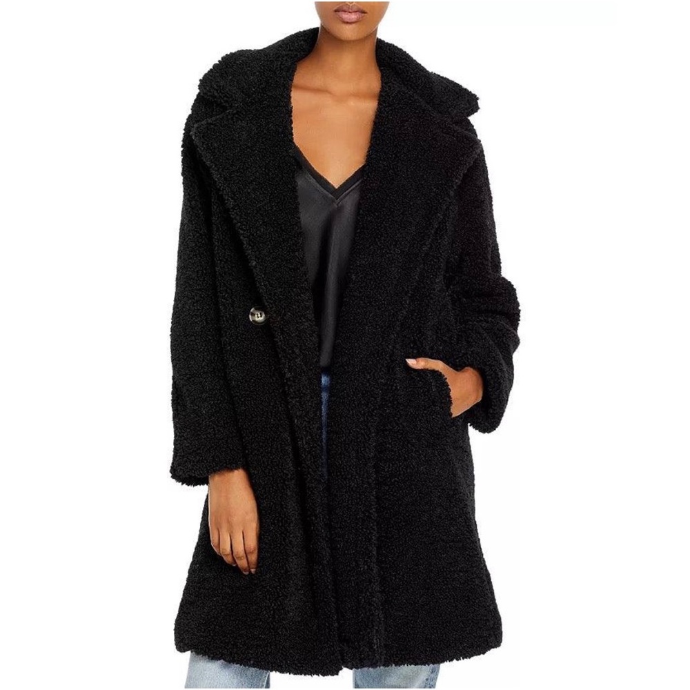Celebrity Pink Black Teddy Coat Pea Coat Single Breasted Button Winter Large